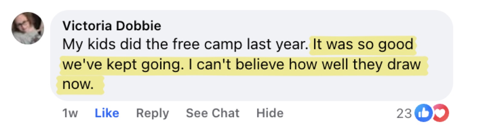 Facebook comment from Victoria: my kids did the free camp last year, it was so good we've kept going, I can't believe how well they draw now