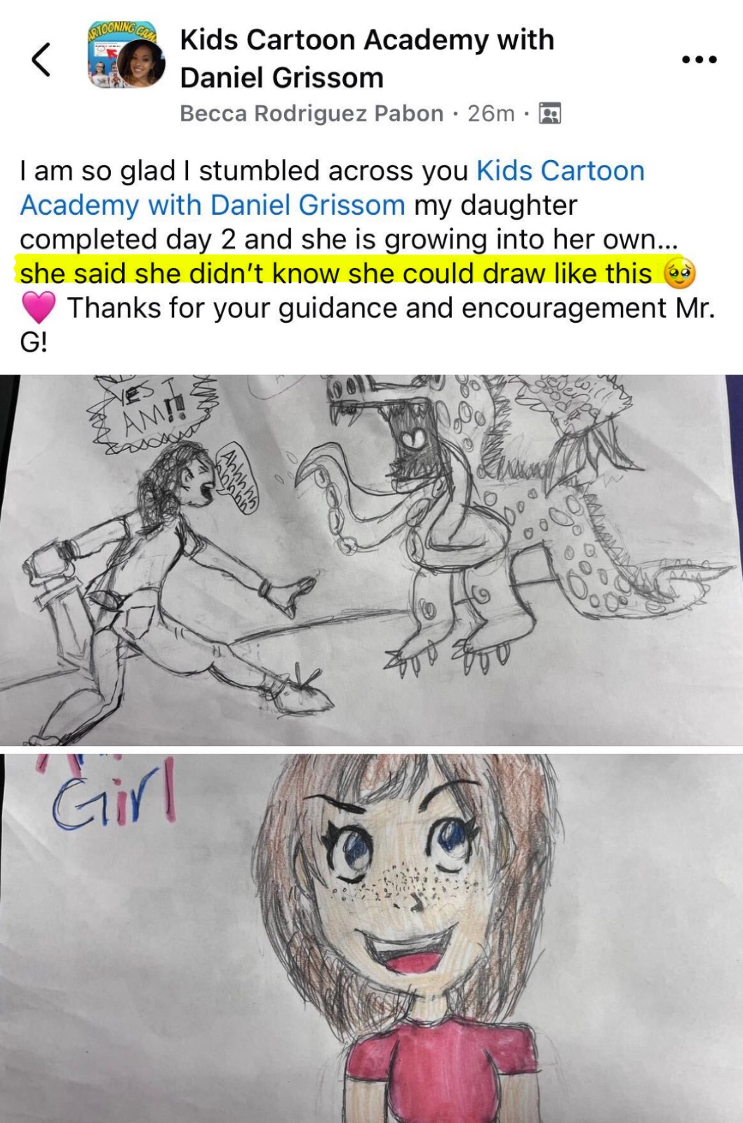 Facebook post from Becca: her daughter said she didn’t know she could draw like this, with her monster and girl drawings