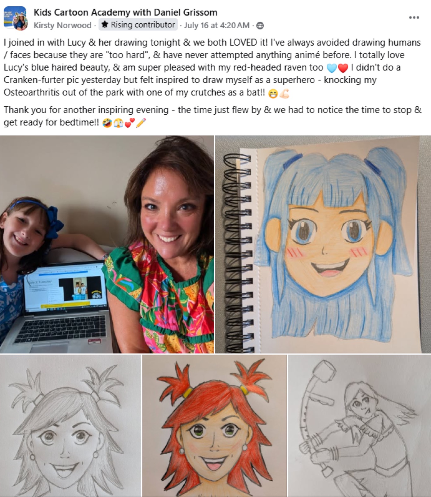 Facebook post from Kirsty: she joined in with Lucy and they both loved it, with their anime girl drawings