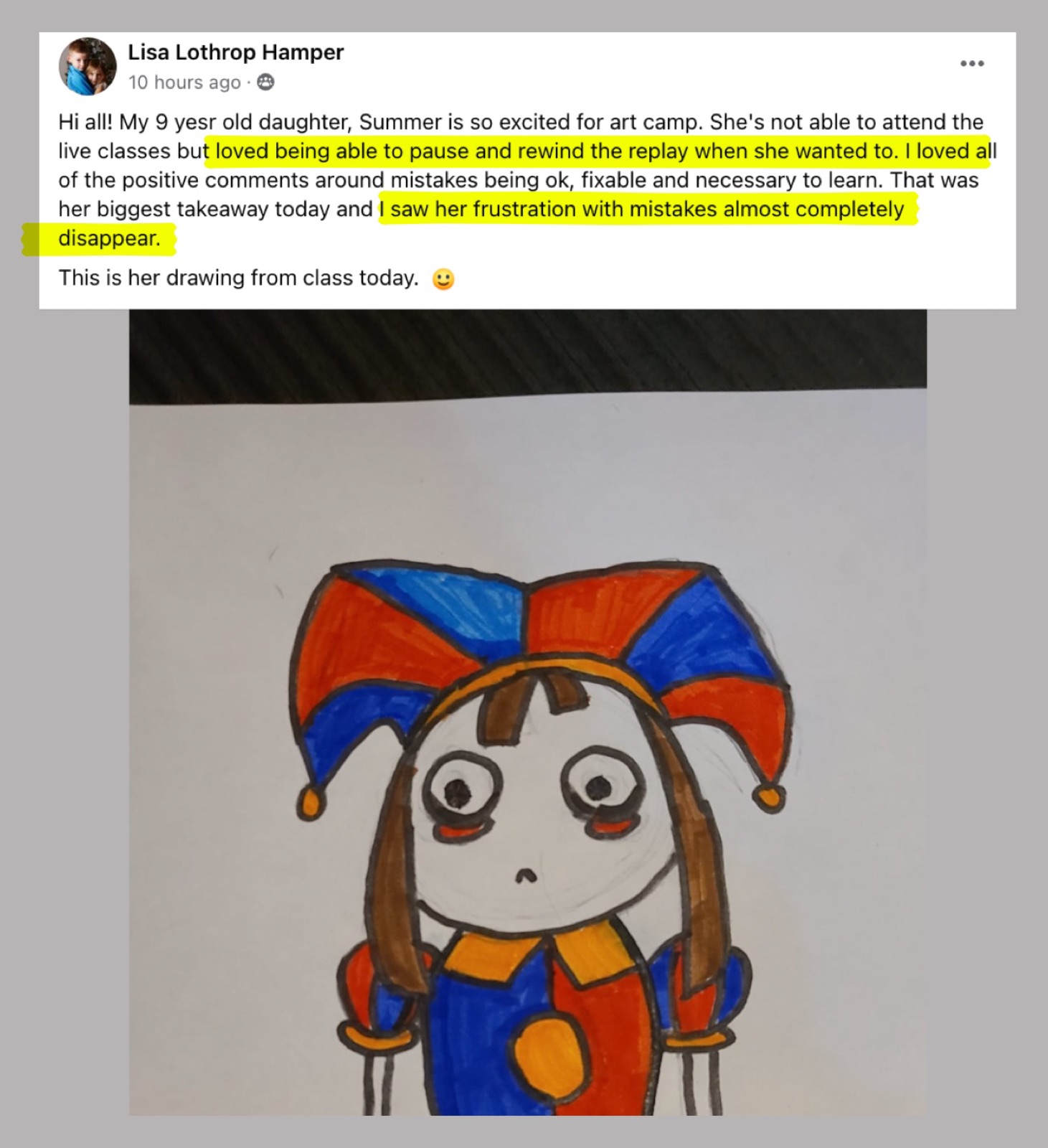 Facebook post from Lisa: she saw her daughter's frustration with mistakes almost completely disappear