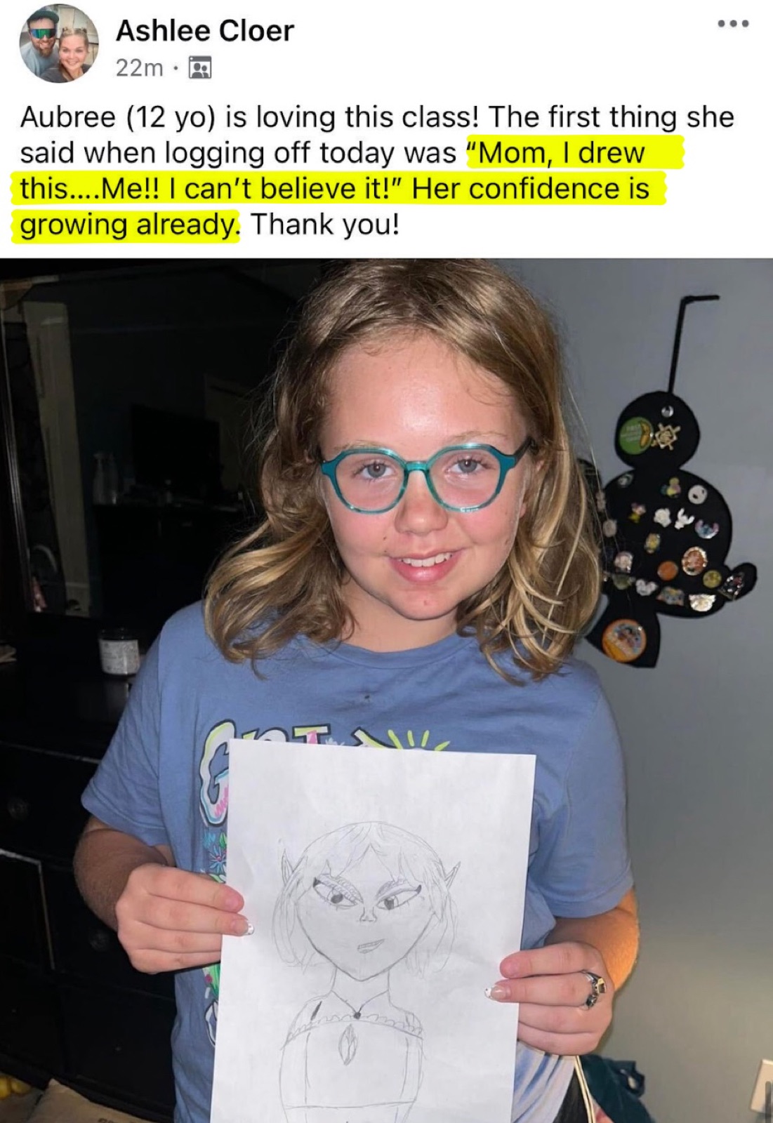 Facebook post from Ashlee: her daughter Aubree said Mom, I drew this, I can't believe it, and her confidence is growing