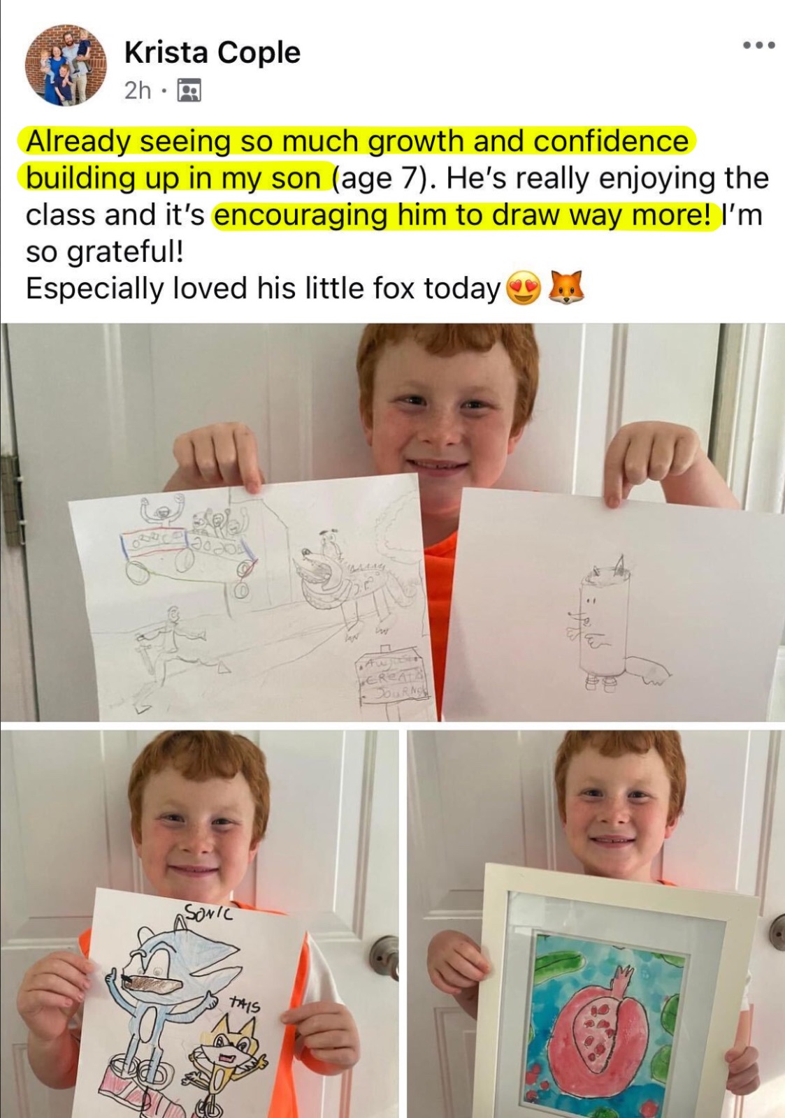 Facebook post from Krista: so much growth and confidence in her son, age 7, with his drawings