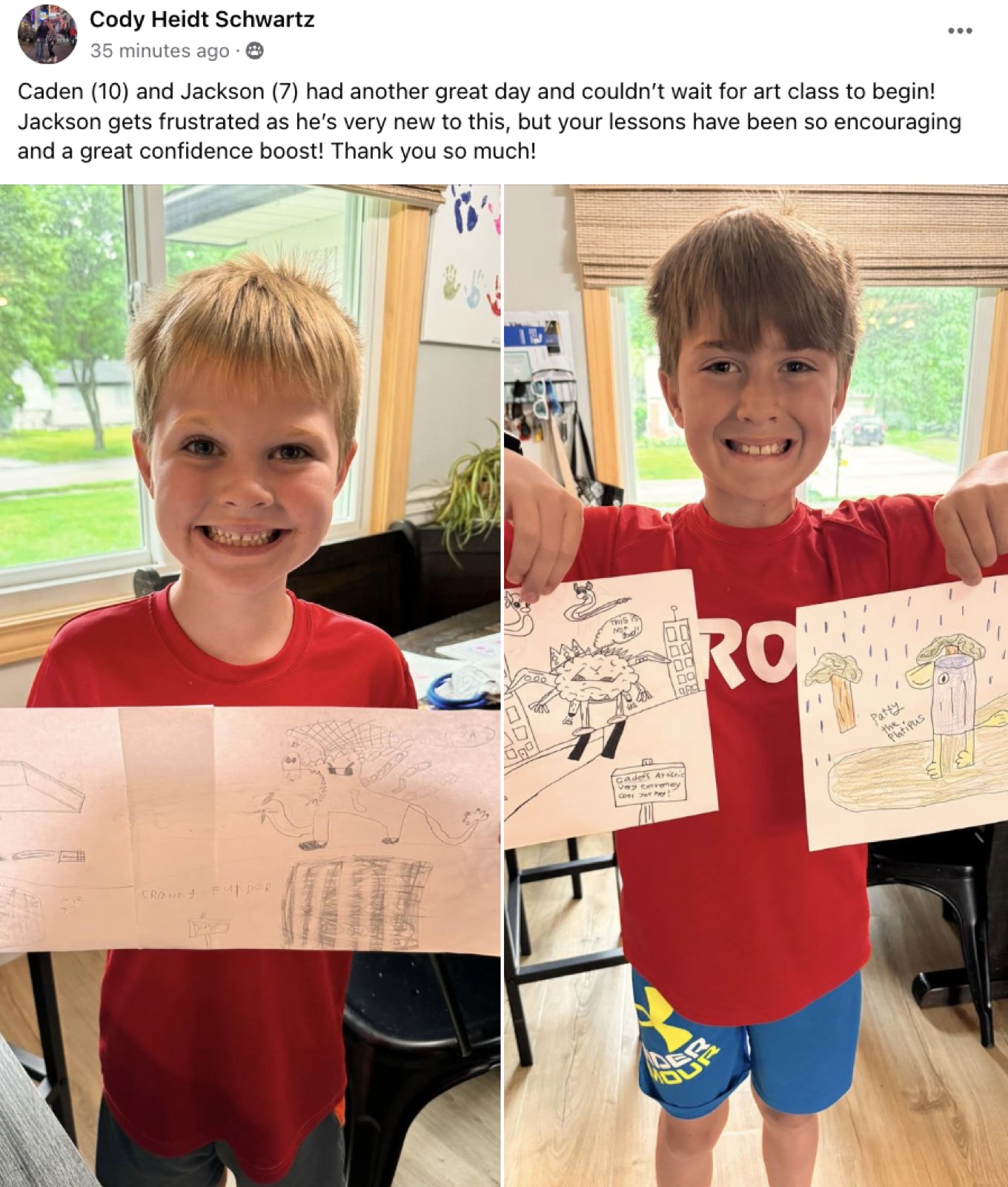 Facebook post from Cody: two brothers smiling with their camp drawings, a great confidence boost