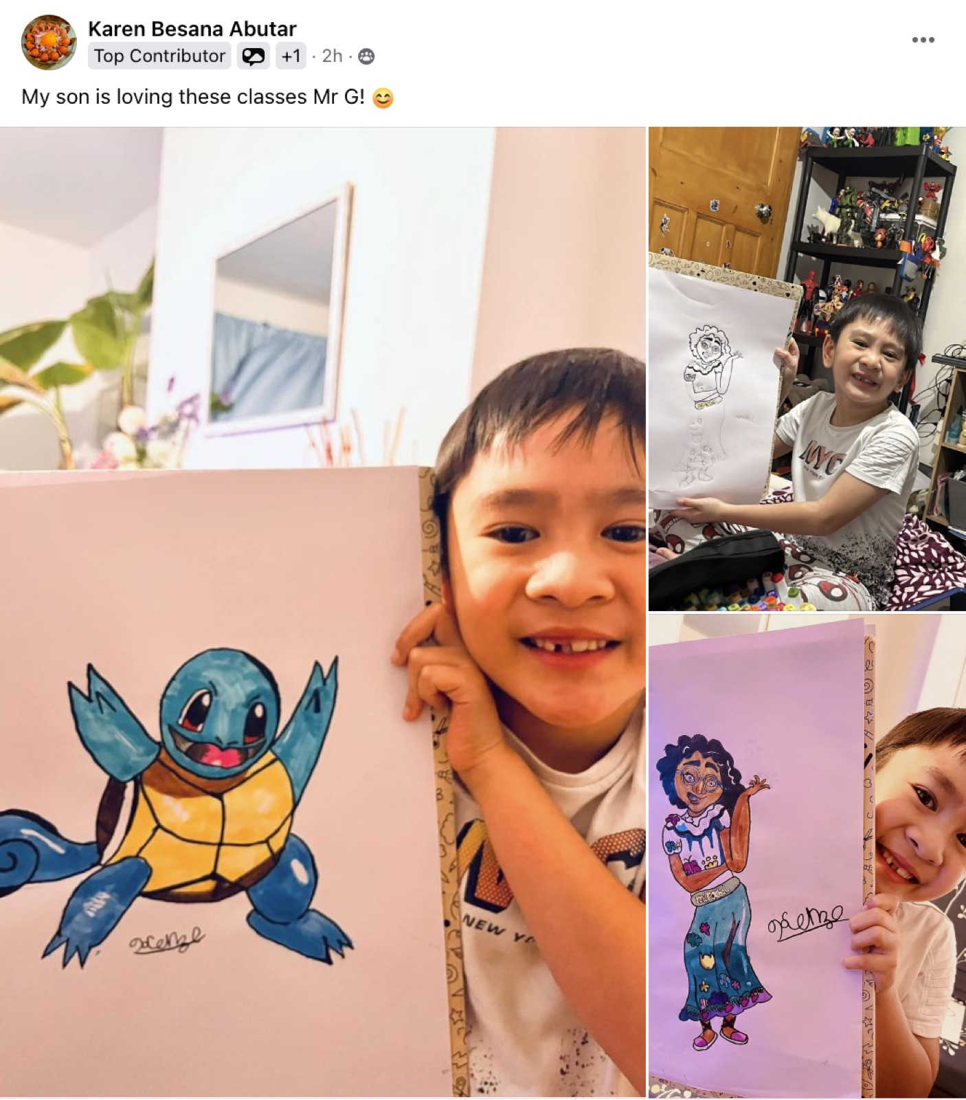 Facebook post from Karen: my son is loving these classes Mr G, with his drawings